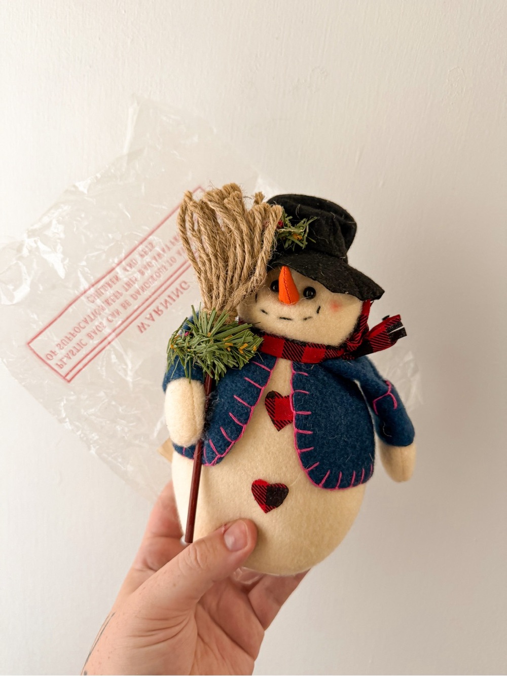 Fabric Snowman Christmas Figurine w/ Broom, Brand New